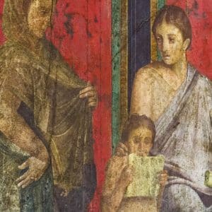 Ancient Roman fresco in Pompeii showing a detail of the mystery cult of Dionysus Ancient Roman fresco in Pompeii showing a detail of the mystery cult of Dionysus. Pompeii was destroyed, during a catastrophic eruption of the volcano Vesuvius spanning in AD 79.