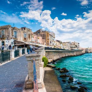 Coast of Ortigia island at city of Syracuse, Sicily, Italy. Beautiful travel photo of Sicily.