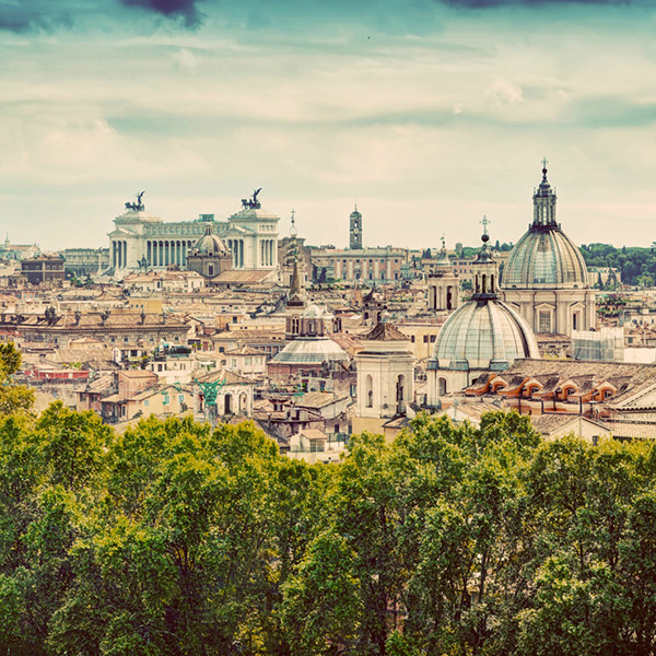 Panorama of the ancient city of Rome, Italy. As seen from Castel Sant'Angelo. Vintage